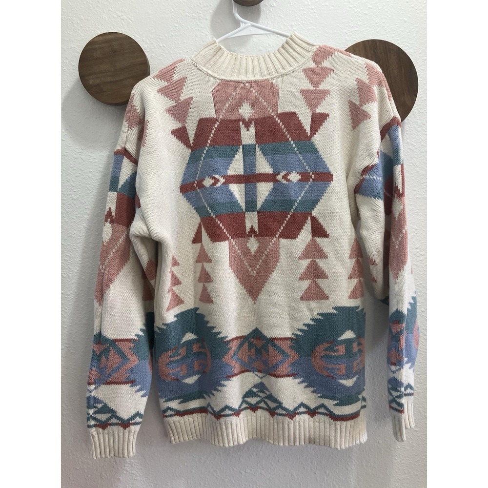 Vintage 90s Aztec Print Tribal Knit Pastel Southwestern Mock Neck Sweater Large - Picture 6 of 9